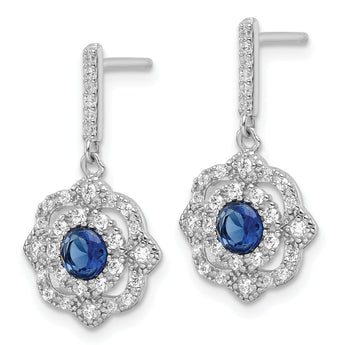 Sterling Silver RH-pltd Blue Glass and Clear CZ Vintage Dangle Post Earring