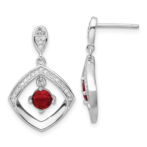 Sterling Silver RH-plated Red Glass and Clear CZ Fancy Square Post Earrings