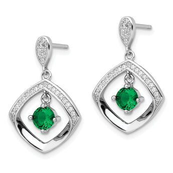 Sterling Silver RH-pltd Green Glass and Clear CZ Fancy Square Post Earrings