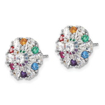 Sterling Silver Rh-pltd Rainbow Nano Crystal and Clear CZ Post Earrings