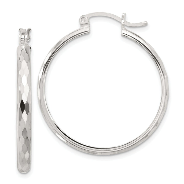 Sterling Silver Polished Textured Hoop Earrings