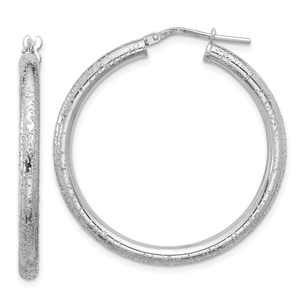 Sterling Silver Rhodium-plated Diamond-cut 3.00mm Hoop Earrings