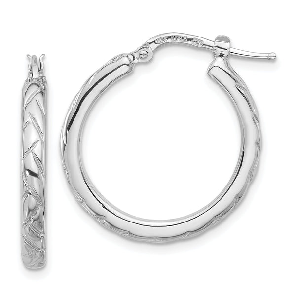 Sterling Silver Rhodium-plated Polished and Textured Hoop Earrings