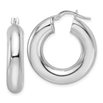 Sterling Silver Rhod-plated  Polished 6mm Hollow Tube Hoop Earrings