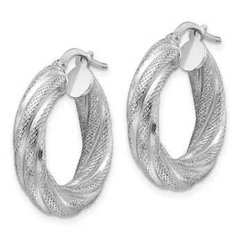 Sterling Silver Rhod-plated  5mm Textured Twisted Hoop Earrings