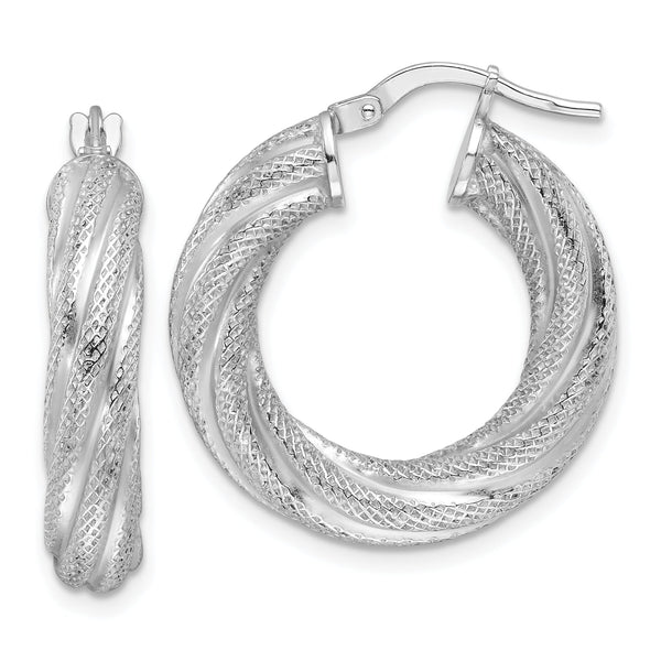 Sterling Silver Rhod-plated  5mm Textured Twisted Hoop Earrings