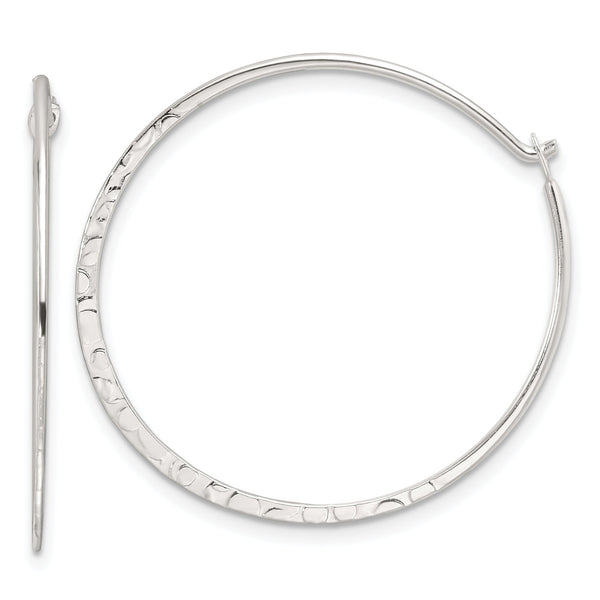 Sterling Silver Polished and Hammered Large Round Hoop Earrings