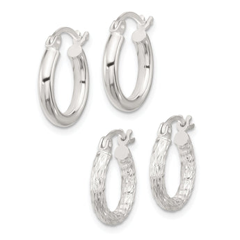 Sterling Silver Polished Diamond-cut 2 Pair Set Hoop Earrings