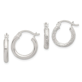 Sterling Silver Polished Diamond-cut 2 Pair Set Hoop Earrings