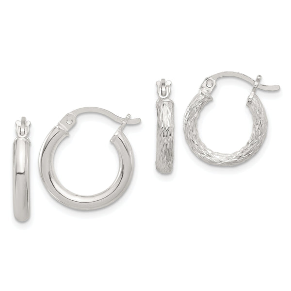 Sterling Silver Polished Diamond-cut 2 Pair Set Hoop Earrings