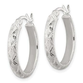 Sterling Silver Textured and Diamond-Cut 4mm Oval Hoop Earrings