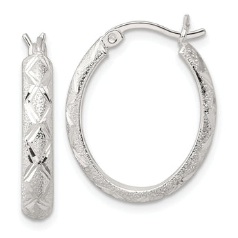 Sterling Silver Textured and Diamond-Cut 4mm Oval Hoop Earrings