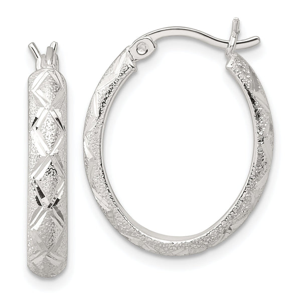 Sterling Silver Textured and Diamond-Cut 4mm Oval Hoop Earrings