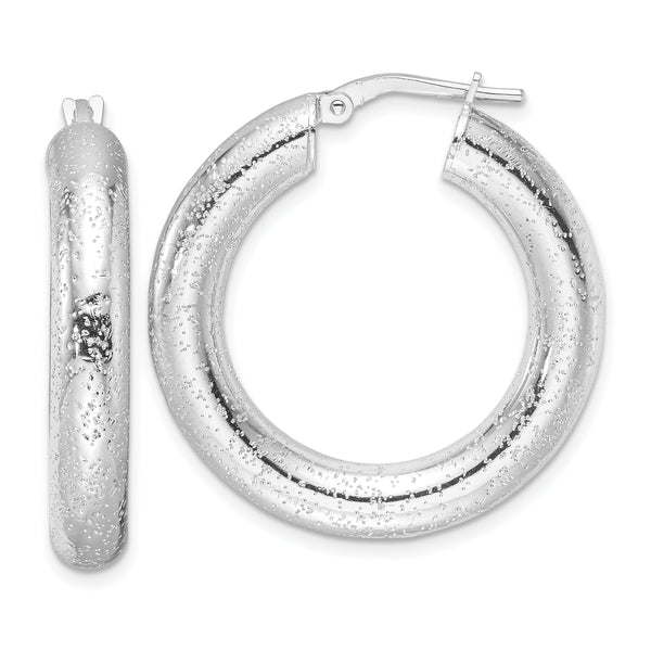 Sterling Silver Rhodium-plated Laser-cut 5mm Round Hoop Earrings