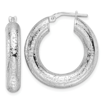 Sterling Silver Rhodium-plated Laser-cut 5mm Round Hoop Earrings