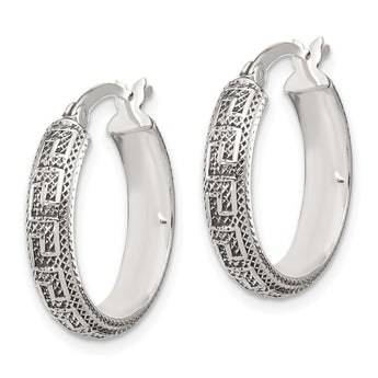 Sterling Silver Antiqued/Textured Greek Key SM Round Hoop Earrings