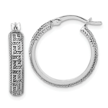 Sterling Silver Antiqued/Textured Greek Key SM Round Hoop Earrings