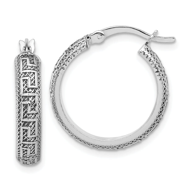 Sterling Silver Antiqued/Textured Greek Key SM Round Hoop Earrings