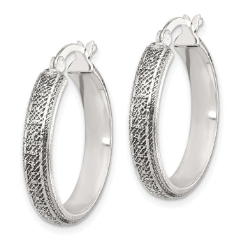 Sterling Silver Antiqued/Textured Greek Key LG Round Hoop Earrings