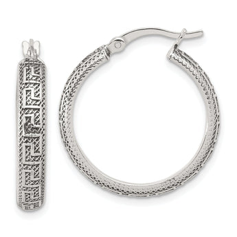 Sterling Silver Antiqued/Textured Greek Key LG Round Hoop Earrings