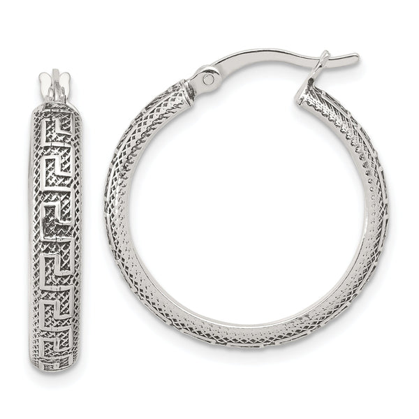 Sterling Silver Antiqued/Textured Greek Key LG Round Hoop Earrings