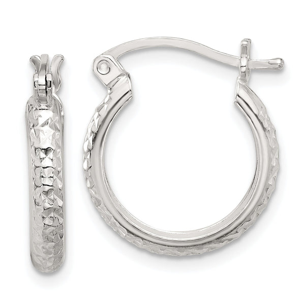 Sterling Silver Polished Diamond-Cut 3mm Round Hoop Earrings