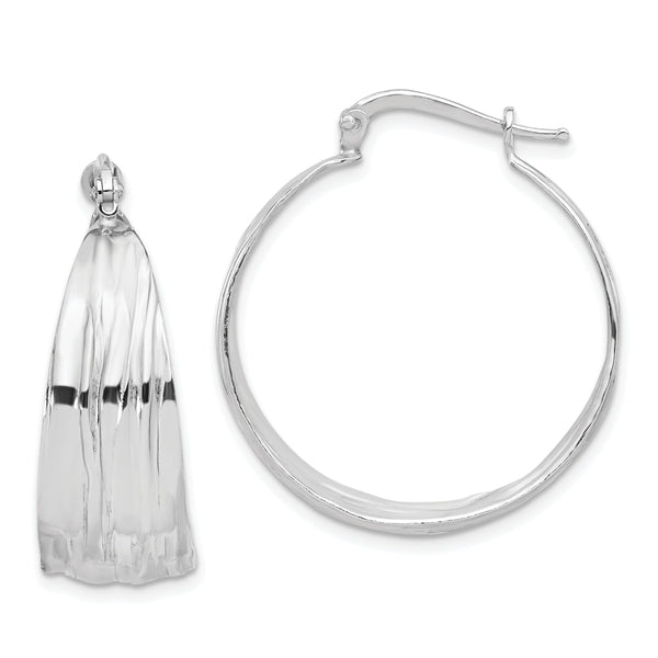 Sterling Silver RH-Plated Textured and Tapered MED Round Hoop Earrings