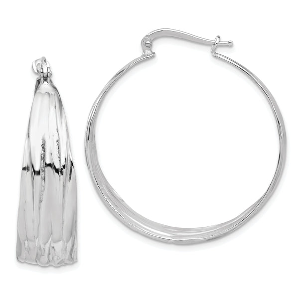Sterling Silver RH-Plated Textured and Tapered LG Round Hoop Earrings
