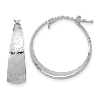 Sterling Silver RH-plated Sparkle Texture Tapered Round Hoop Earrings