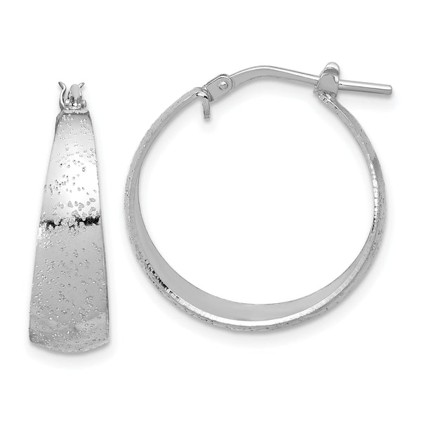 Sterling Silver RH-plated Sparkle Texture Tapered Round Hoop Earrings