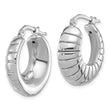 Sterling Silver RH-plated Polished & Striped Small Round Hoop Earrings