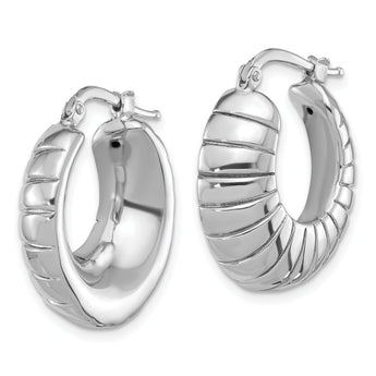 Sterling Silver RH-plated Polished & Striped Small Round Hoop Earrings