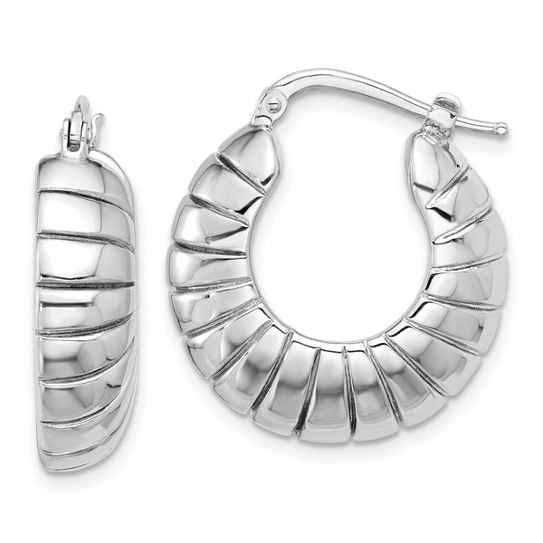 Sterling Silver RH-plated Polished & Striped Small Round Hoop Earrings