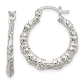 Sterling Silver Polished Bamboo Textured Round Hoop Earrings