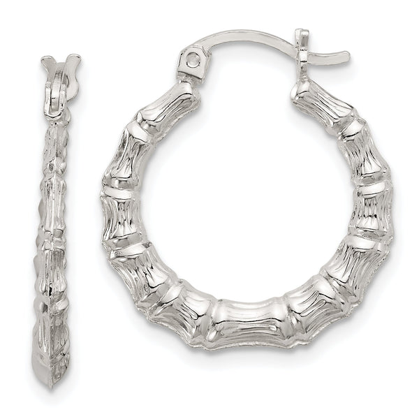 Sterling Silver Polished Bamboo Textured Round Hoop Earrings