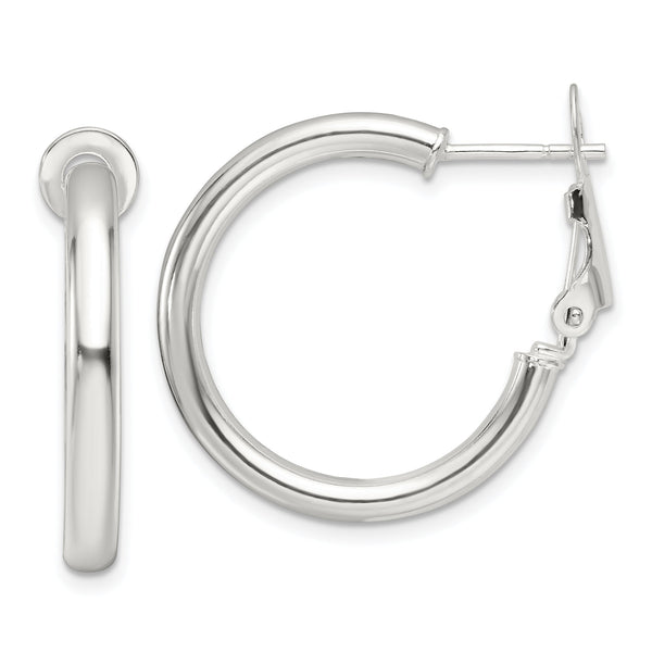 Sterling Silver Polished 3.25mm Omega Back Round Hoop Earrings