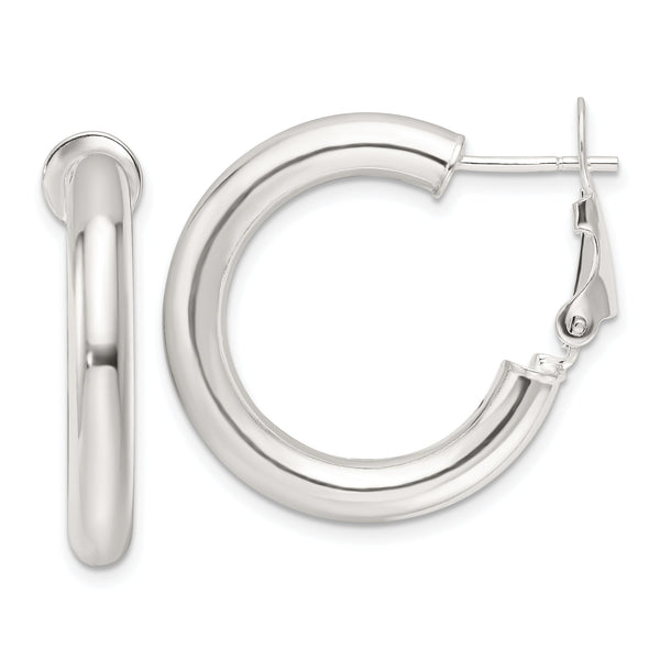 Sterling Silver Polished 25.5x4mm Omega Back Round Hoop Earrings