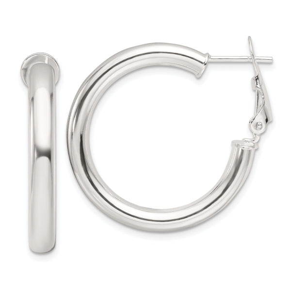 Sterling Silver Polished 30x4mm Omega Back Round Hoop Earrings