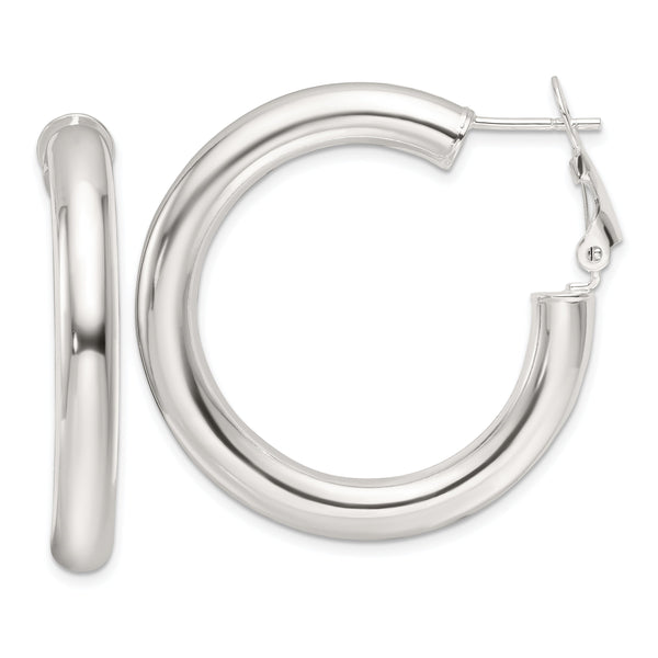 Sterling Silver Polished 35x5mm Omega Back Round Hoop Earrings