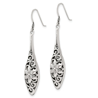 Sterling Silver Polished Antiqued Floral Teardrop Shepherd Hook Earrings