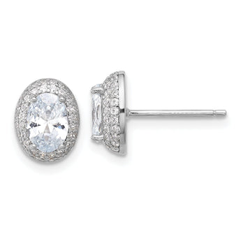 Sterling Silver Rhod-plated 7x5mm Oval CZ Double Halo Post Earrings