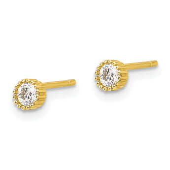 Sterling Silver Gold-tone 3mm CZ Grooved Bezel Post Stud Earrings