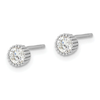 Sterling Silver Rhod-plated 4mm CZ Grooved Bezel Post Stud Earrings