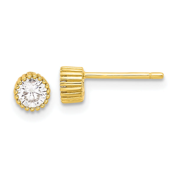 Sterling Silver Gold-tone 4mm CZ Grooved Bezel Post Stud Earrings