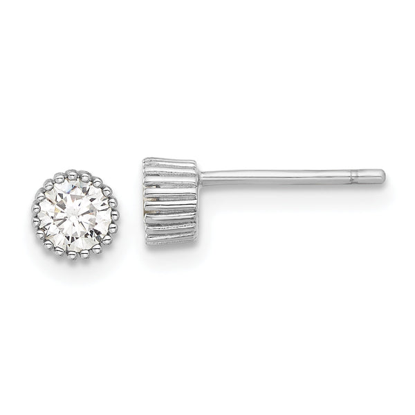 Sterling Silver Rhod-plated 4mm CZ Grooved Bezel Post Stud Earrings