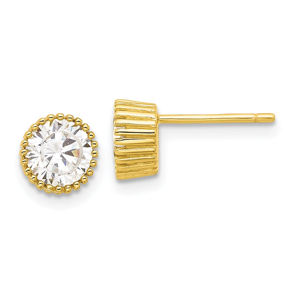 Sterling Silver Gold-tone 6mm CZ Grooved Bezel Post Stud Earrings