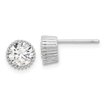 Sterling Silver Rhod-plated 6mm CZ Grooved Bezel Post Stud Earrings