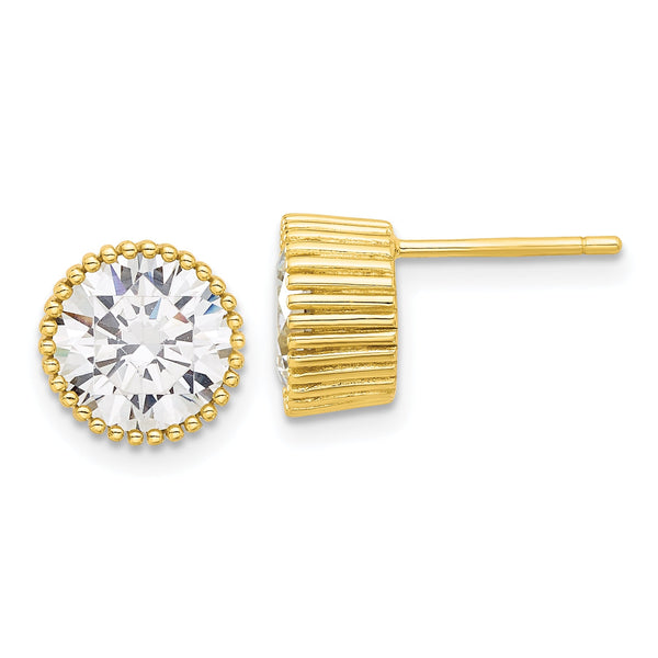 Sterling Silver Gold-tone 8mm CZ Grooved Bezel Post Stud Earrings