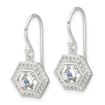 Sterling Silver E-coated Polished CZ Hexagon Dangle Earrings