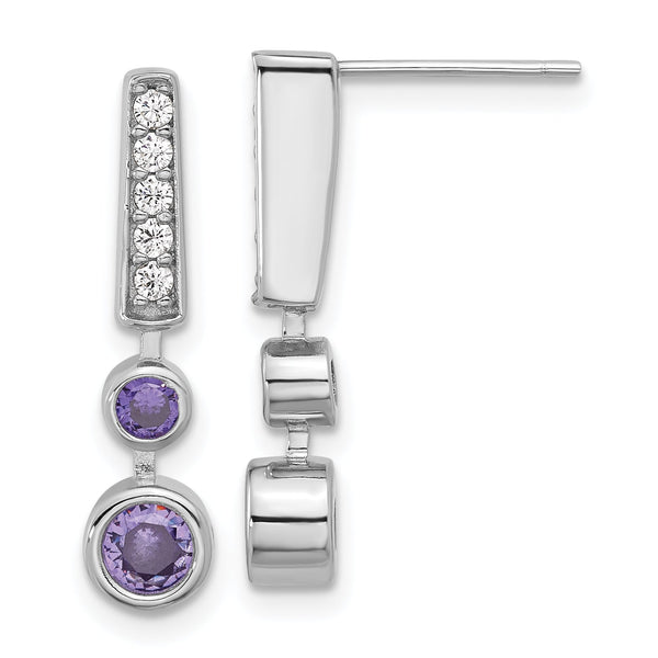 Sterling Silver RH-plated Purple & Clear CZ Post Dangle Earrings